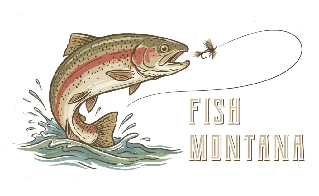 Vintage Fish Montana Illustration of Rainbow trout with fly fishing line and fly