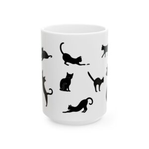 Cat Silhouette Ceramic Mug — Black Kitty Pattern Coffee Cup (11oz & 15oz)