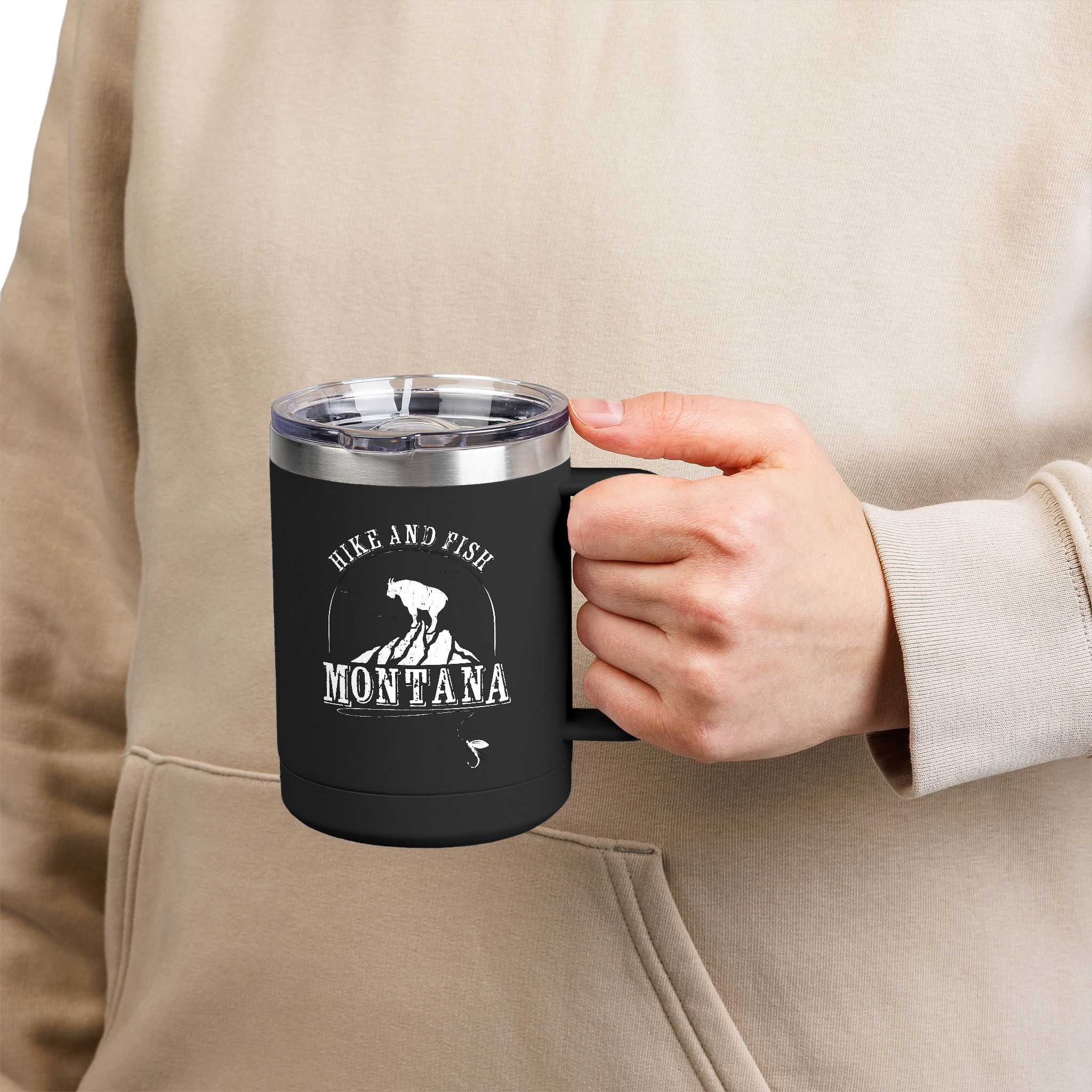 Hike and Fish Montana Tumbler Mug — Retro 15oz Insulated Travel Mug - Image 3