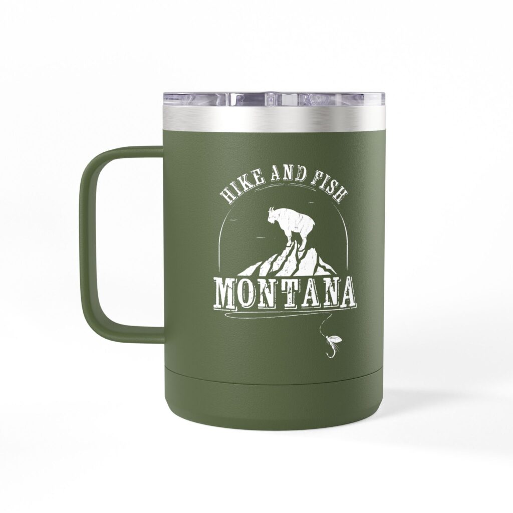 insulated coffee mug with custom Hike and Fish Montana Illustration