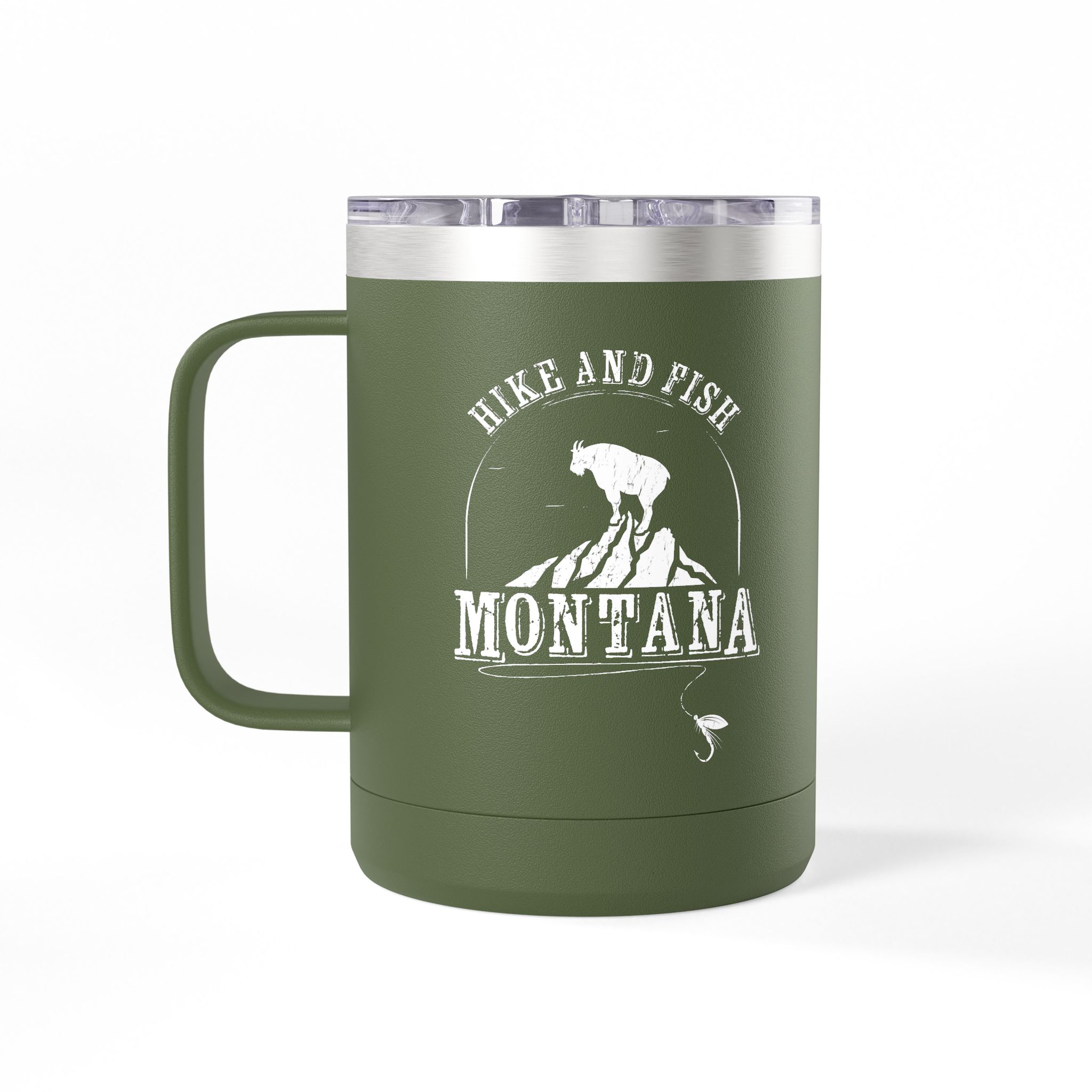 insulated coffee mug with custom Hike and Fish Montana Illustration